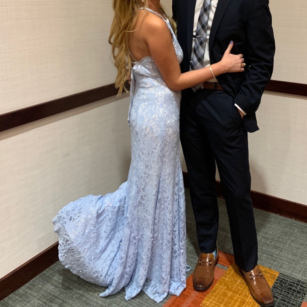 Morgan & Co. Light Blue Lace Gown Halter